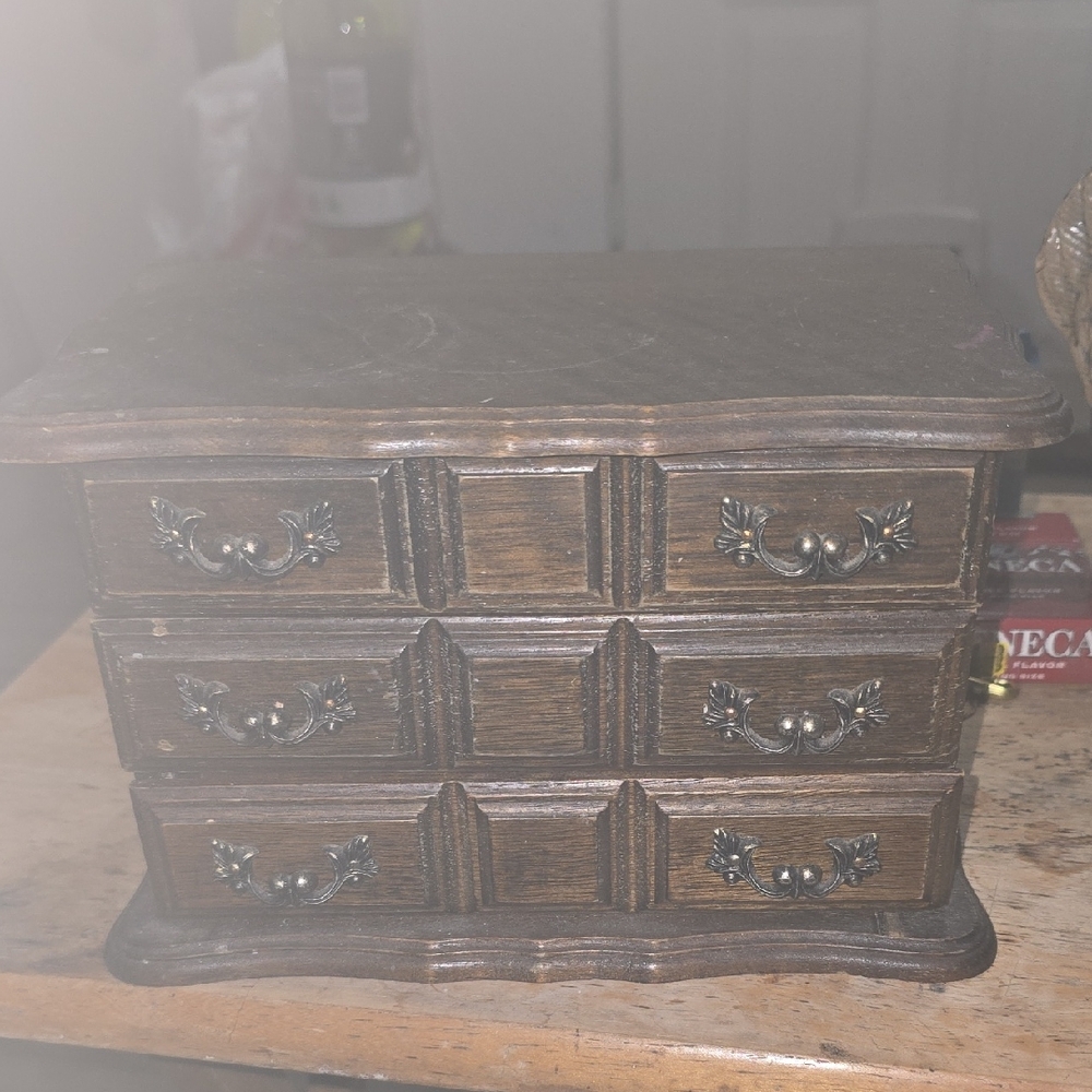 Vintage Wooden Jewelry Box with Drawers